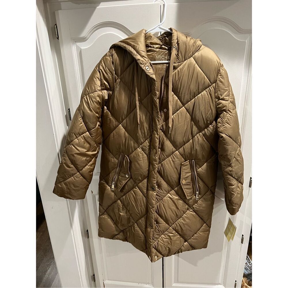 MICHAEL KORS Women's SZ M Hooded Quilted Puffer Jacket Coat Gold Lightweight NEW